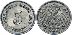 Germany - Empire 5 Pfennig 1900 E
KM# 11; AKS# 16; J. 12; Copper-Nickel 2.52 g.; Wilhelm II; Mint: Muldenhütten; AUNC