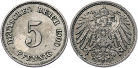 Germany - Empire 5 Pfennig 1908 A
KM# 11; AKS# 16; J. 12; Copper-Nickel 2.49 g.; Wilhelm II; Mint: Berlin; AUNC
