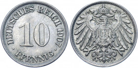 Germany - Empire 10 Pfennig 1907 F
KM# 12; AKS# 12; J. 13; Copper-Nickel 3.96 g.; Wilhelm II; Mint: Stuttgart; AUNC