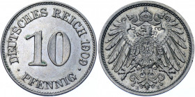 Germany - Empire 10 Pfennig 1909 E Rare
KM# 12; AKS# 12; J. 13; Copper-Nickel 4.07 g.; Wilhelm II; Mint: Muldenhütten; UNC