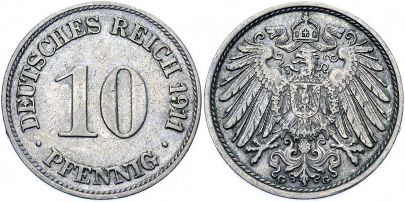 Germany - Empire 10 Pfennig 1911 G
KM# 12; AKS# 12; J. 13; Copper-Nickel 3.94 g...