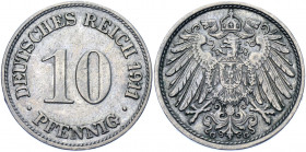 Germany - Empire 10 Pfennig 1911 G
KM# 12; AKS# 12; J. 13; Copper-Nickel 3.94 g.; Wilhelm II; Mint: Karlsruhe; XF-AUNC