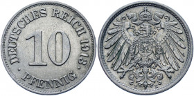 Germany - Empire 10 Pfennig 1913 E
KM# 12; AKS# 12; J. 13; Copper-Nickel 3.94 g.; Wilhelm II; Mint: Muldenhütten; AUNC