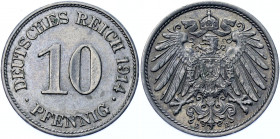 Germany - Empire 10 Pfennig 1914 E
KM# 12; AKS# 12; J. 13; Copper-Nickel 3.97 g.; Wilhelm II; Mint: Muldenhütten; AUNC