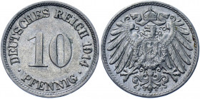 Germany - Empire 10 Pfennig 1914 F
KM# 12; AKS# 12; J. 13; Copper-Nickel 4.04 g.; Wilhelm II; Mint: Stuttgart; AUNC