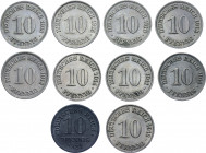 Germany - Empire 10 x 10 Pfennig 1910 - 1921
KM# 12 & 26; Copper-Nickel & Zinc; Wilhelm II; XF-AUNC