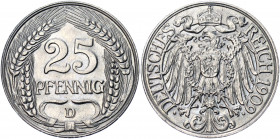 Germany - Empire 25 Pfennig 1909 D
KM# 18; AKS# 7; J. 18; Nickel 4.05 g.; Wilhelm II; Mint: Munich; UNC