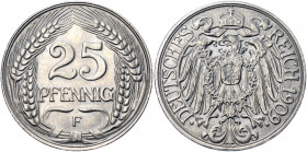 Germany - Empire 25 Pfennig 1909 F
KM# 18; AKS# 7; J. 18; Nickel 3.89 g.; Wilhelm II; Mint: Mint: Stuttgart; UNC