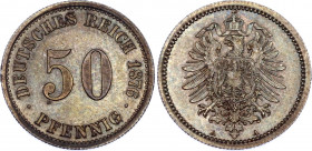 Germany - Empire 50 Pfennig 1876 A
KM# 6; Silver; Wilhelm I; UNC