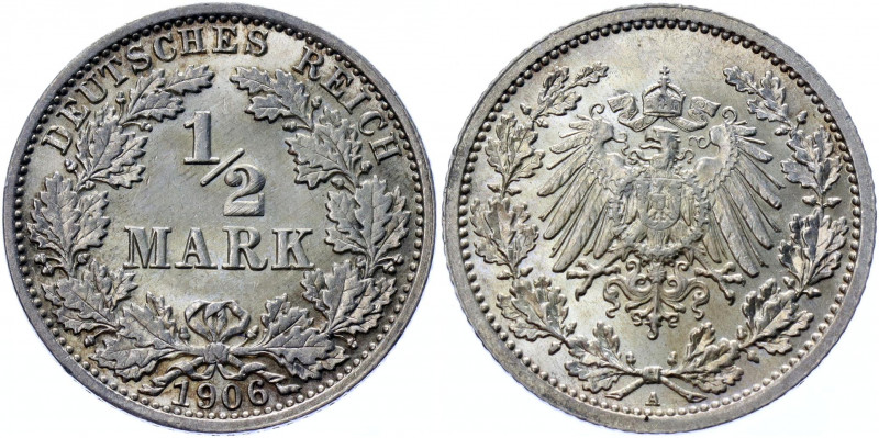 Germany - Empire 1/2 Mark 1906 A
KM# 17; AKS# 6; J. 16; Silver 2.76 g.; Wilhelm...