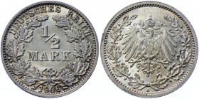 Germany - Empire 1/2 Mark 1906 A
KM# 17; AKS# 6; J. 16; Silver 2.76 g.; Wilhelm II; Mint: Berlin; UNC Luster