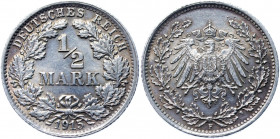 Germany - Empire 1/2 Mark 1915 F
KM# 17; AKS# 6; J. 16; Silver 2.75 g.; Wilhelm II; Mint: Stuttgart; AUNC