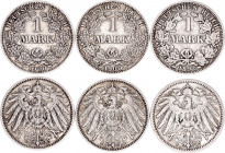 Germany - Empire 3 x 1 Mark 1892 - 1900
KM# 14; Silver; Wilhelm II; Various mintmarks