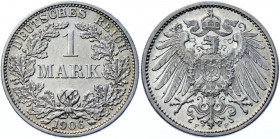 Germany - Empire 1 Mark 1906 F
KM# 14; AKS# 2; J. 17; Silver 5.55 g.; Wilhelm II; Mint: Stuttgart; UNC Luster