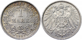 Germany - Empire 1 Mark 1907 E
KM# 14; AKS# 2; J. 17; Silver 5.52 g.; Wilhelm II; Mint: Muldenhütten; UNC