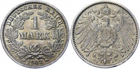 Germany - Empire 1 Mark 1907 J
KM# 14; AKS# 2; J. 17; Silver 5.58 g.; Wilhelm II; Mint: Hamburg; UNC Toned