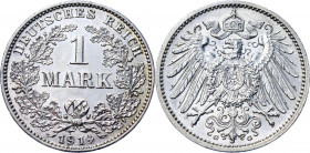 Germany - Empire 1 Mark 1914 G
KM# 14; AKS# 2; J. 17; Silver 5.51 g.; Wilhelm II; Mint: Karlsruhe; UNC Luster