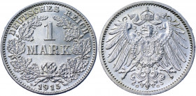 Germany - Empire 1 Mark 1915 G
KM# 14; AKS# 2; J. 17; Silver 5.54 g.; Wilhelm II; Mint: Karlsruhe; UNC Luster
