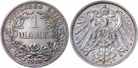 Germany - Empire 1 Mark 1916 F
KM# 14; AKS# 2; J. 17; Silver 5.53 g.; Wilhelm II; Mint: Stuttgart; UNC Luster