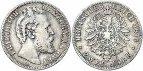 Germany - Empire Anhalt-Dessau 2 Mark 1876 A
KM# 22; J. 19; AKS# 40; Silver 10.75 g.; Friedrich I; Mint: Berlin; VF