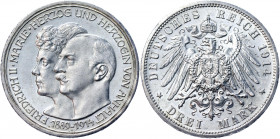 Germany - Empire Anhalt-Dessau 3 Mark 1911 A Commemorative Issue
KM# 30; AKS# 46; J. 24; Silver 16.65 g.; Friedrich II; Silver Wedding Anniversary; M...