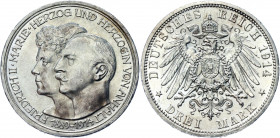Germany - Empire Anhalt-Dessau 3 Mark 1914 A Commemorative Issue
KM# 30; J. 24; AKS# 46; Silver 16.66 g.; Friedrich II; Silver Wedding Anniversary; M...