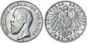 Germany - Empire Baden 2 Mark 1898 G
KM# 269; J. 28; Silver 11.05 g.; Friedrich I; Mint: Stuttgart; XF
