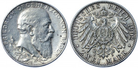 Germany - Empire Baden 2 Mark 1902 Commemorative Issue
KM# 271; AKS# 157; J. 30; Silver 11.08 g.; Friedrich I; 50th Year of Reign; XF-AUNC