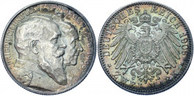 Germany - Empire Baden 2 Mark 1906 Commemorative Issue
KM# 276; AKS# 159; J. 34; Silver 11.11 g.; Friedrich I; Golden Wedding Anniversary; AUNC Toned