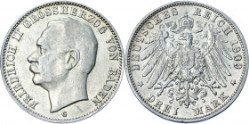 Germany - Empire Baden 3 Mark 1909 G
KM# 280; J. 39; Silver 16.56 g.; Friedrich II; Mint: Stuttgart; AUNC