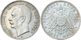 Germany - Empire Baden 3 Mark 1911 G
KM# 280; J. 39; Silver 16.55 g.; Friedrich II; Mint: Stuttgard; UNC