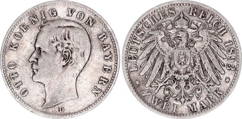 Germany - Empire Bavaria 2 Mark 1893 D
KM# 913; Silver; Otto; VF+