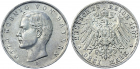 Germany - Empire Bavaria 3 Mark 1909 D
KM# 996; AKS# 202; J. 47; Silver 16.63 g.; Otto; Mint: Munich; XF-AUNC