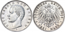 Germany - Empire Bavaria 3 Mark 1909 D
KM# 996; AKS# 202; J. 47; Silver 16.64 g.; Otto; Mint: Munich; XF-AUNC