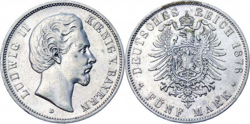 Germany - Empire Bavaria 5 Mark 1876 D
KM# 896; J. 42; AKS# 194; Silver 27.56 g...