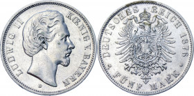 Germany - Empire Bavaria 5 Mark 1876 D
KM# 896; J. 42; AKS# 194; Silver 27.56 g.; Ludwig II; Mint: Munich; AUNC