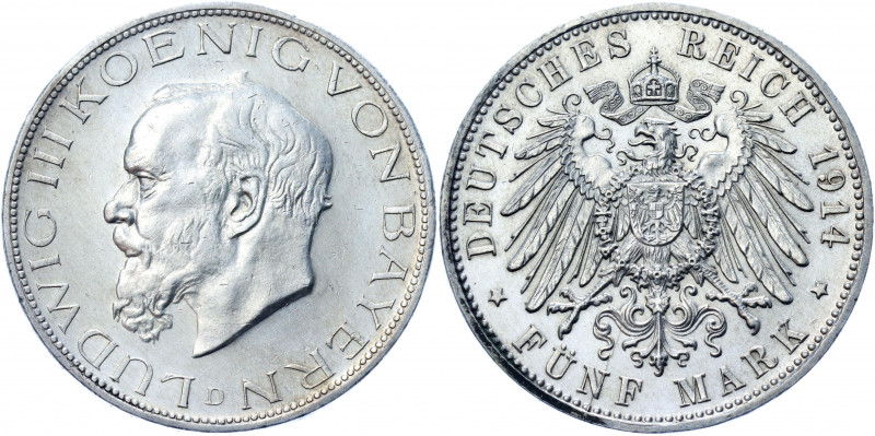 Germany - Empire Bavaria 5 Mark 1914 D
KM# 1007; J. 53; Silver 27.74 g.; Ludwig...