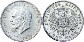 Germany - Empire Bavaria 5 Mark 1914 D
KM# 1007; J. 53; Silver 27.74 g.; Ludwig III; Mint: Munich; UNC Luster