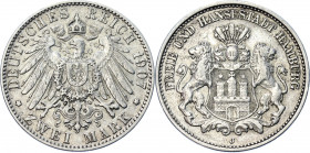 Germany - Empire Hamburg 2 Mark 1907 J
KM# 612; AKS# 48; J# 63; Silver 11.05 g.; Mint: Hamburg; XF