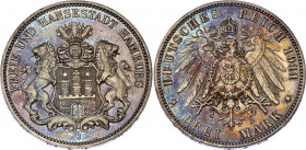 Germany - Empire Hamburg 3 Mark 1911 J
KM# 620; Silver; UNC with amazing toning
