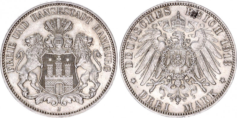 Germany - Empire Hamburg 3 Mark 1913 J
KM# 620; Silver; AUNC