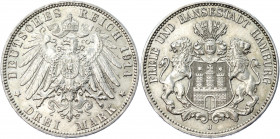 Germany - Empire Hamburg 3 Mark 1914 J
KM# 620; J# 64; Silver 16.70 g.; Mint: Hamburg; AUNC