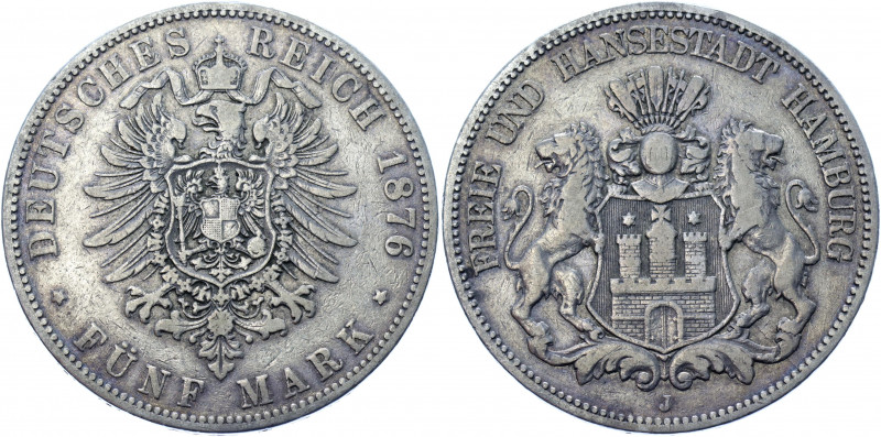 Germany - Empire Hamburg 5 Mark 1876 J
KM# 598; J# 62; Silver 27.35 g.; Mint: H...