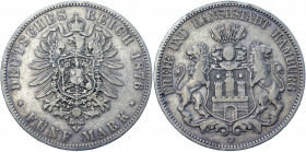 Germany - Empire Hamburg 5 Mark 1876 J
KM# 598; J# 62; Silver 27.35 g.; Mint: Hamburg; VF-XF