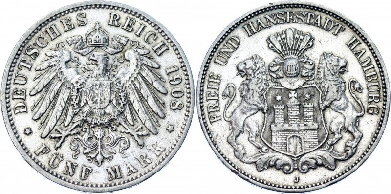 Germany - Empire Hamburg 5 Mark 1908 J
KM# 610; J# 65; Silver 27.85 g.; Mint: H...