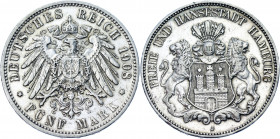 Germany - Empire Hamburg 5 Mark 1908 J
KM# 610; J# 65; Silver 27.85 g.; Mint: Hamburg; XF-AUNC