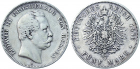 Germany - Empire Hesse-Darmstadt 5 Mark 1876 H
KM# 353; J# 67; Silver 27.29 g.; Ludwig III; XF
