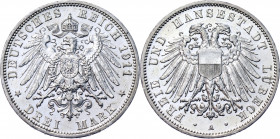 Germany - Empire Lübeck 3 Mark 1911 A
KM# 215; J. 82; Silver 16.65 g.; Mint: Berlin; AUNC