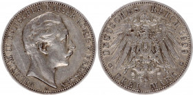 Germany - Empire Prussia 3 Mark 1909 A
KM# 527; Silver; Wilhelm II; XF