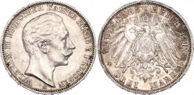 Germany - Empire Prussia 3 Mark 1911 A
KM# 527; Silver; Wilhelm II; UNC with Nice Toning